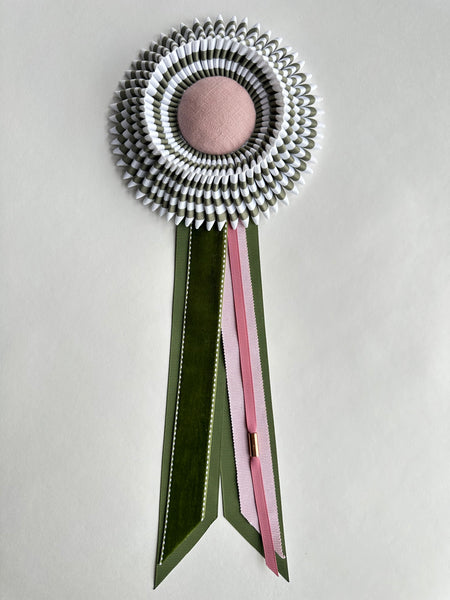 Small Olive and White Stripe and Pale Pink Rosette